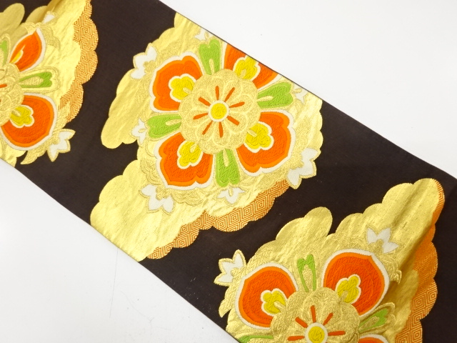 JAPANESE KIMONO / ANTIQUE FUKURO OBI / SILK / WOVEN FLORAL CREST